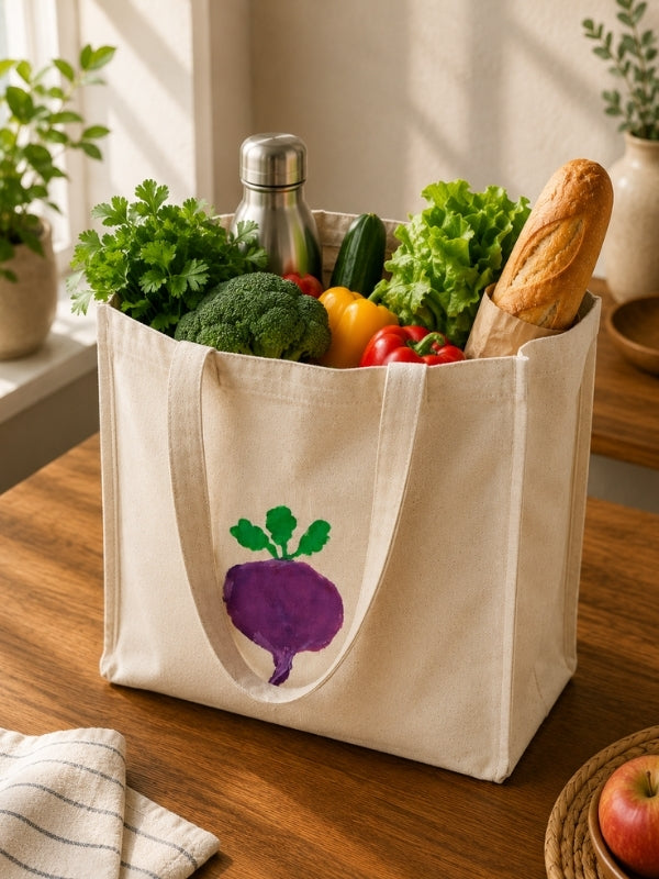  Beetroot-design cotton canvas tote bag being used to carry books, groceries, or everyday essentials.