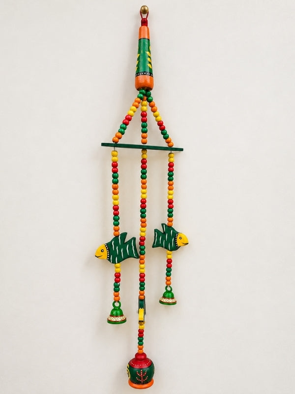 Handcrafted ceramic bell hanging measuring approximately 29 inches in length, featuring ceramic bells, wooden beads, decorative artefacts, and macramé cord.
