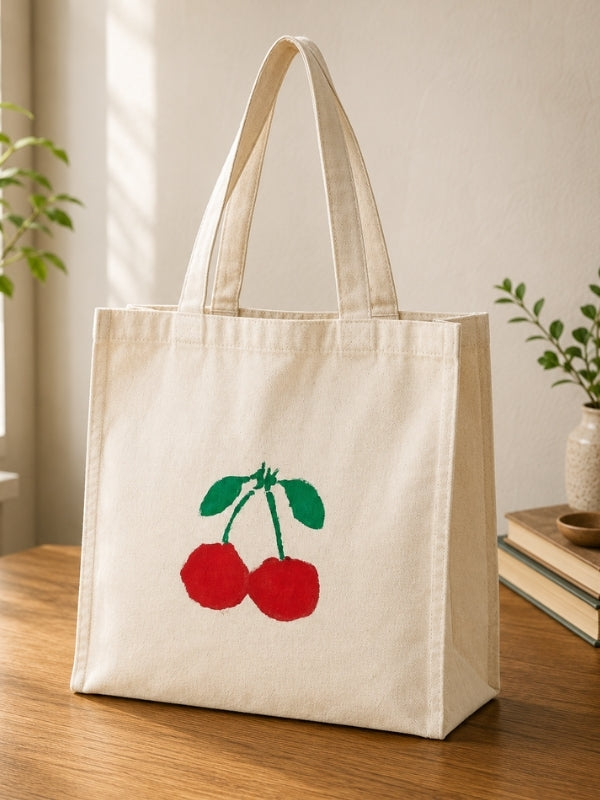  Hand-painted cotton canvas tote bag measuring approximately 14 inches wide and 13.5 inches high with a 4-inch side and bottom gusset, featuring a cherry design, six inner pockets, and shoulder handles.
