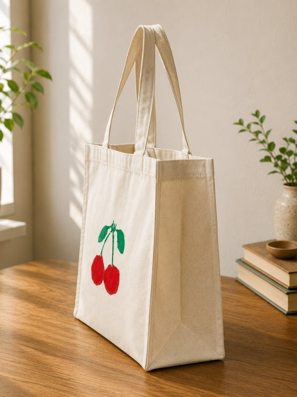  Angled view of the cherry-design tote bag displaying the 4-inch gusset, shoulder handles, and spacious construction.