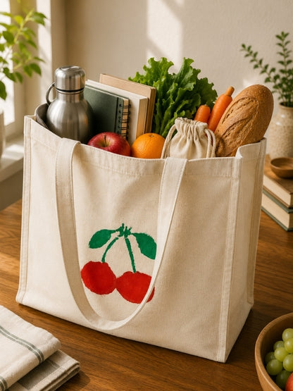  Cherry-design cotton canvas tote bag being carried with everyday essentials