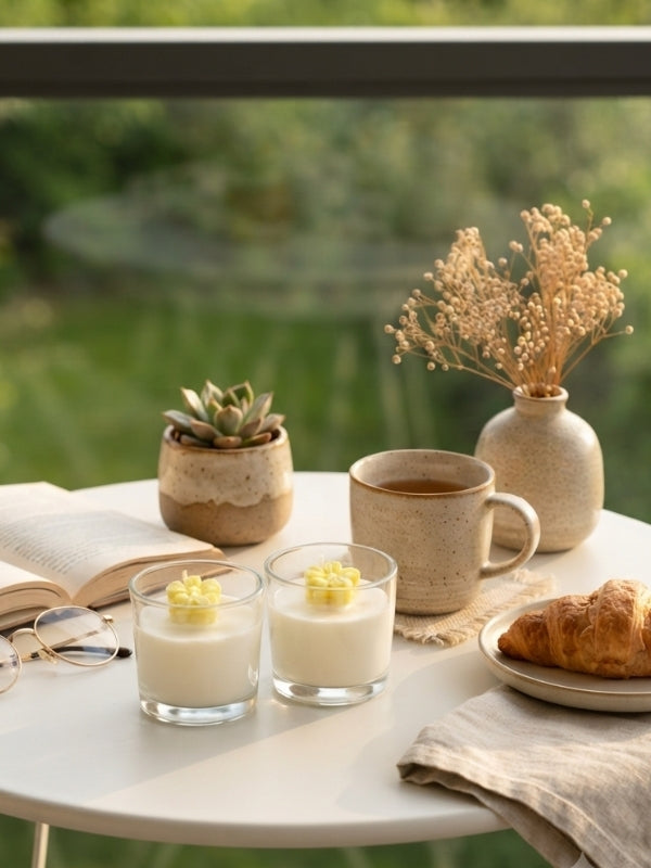 Set of two handcrafted yellow flower soy wax candles placed on a coffee table, creating a warm and relaxing ambience.
