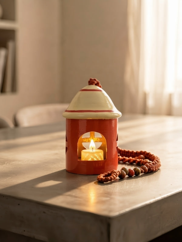 Handcrafted bird house tea light holder placed on a table with an electric LED tea light creating a warm decorative glow.
