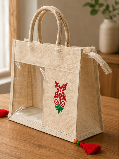 Angled view of the handcrafted cotton jute tiffin bag displaying the 4-inch gusset, sturdy construction, and spacious interior.