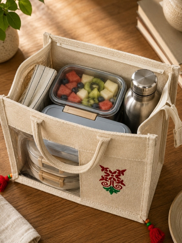 Hand-painted cotton jute tiffin bag placed on a table with a lunch box and everyday essentials, showcasing its practical everyday use.
