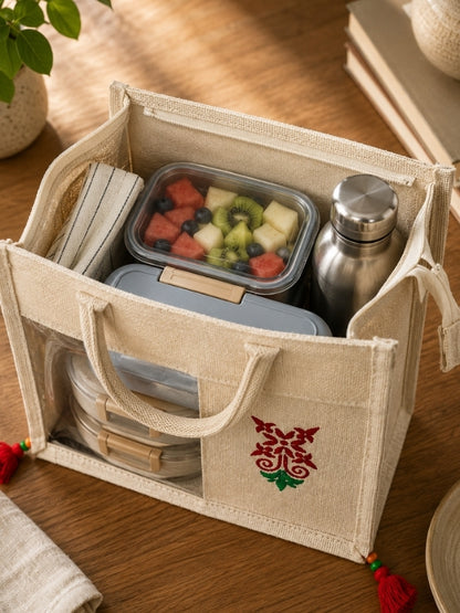 Hand-painted cotton jute tiffin bag placed on a table with a lunch box and everyday essentials, showcasing its practical everyday use.
