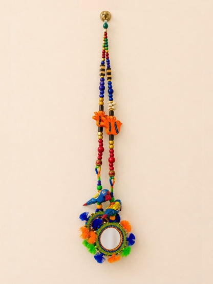 Handcrafted bird-themed wooden door hanging measuring approximately 62 inches in length, featuring decorative wooden elements, colourful beads, and handcrafted detailing for home entrances.