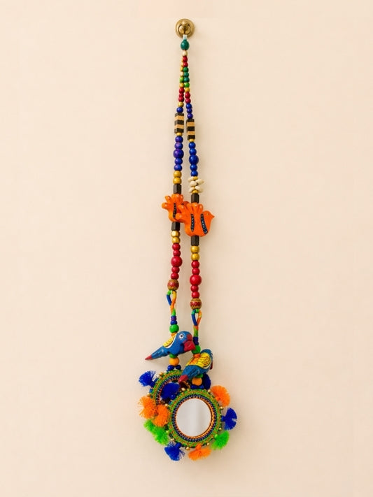 Handcrafted bird-themed wooden door hanging measuring approximately 62 inches in length, featuring decorative wooden elements, colourful beads, and handcrafted detailing for home entrances.