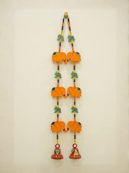 Handcrafted elephant-themed wooden door hanging measuring approximately 45 inches in length, featuring decorative wooden elements, colourful beads, and handcrafted detailing for home décor.