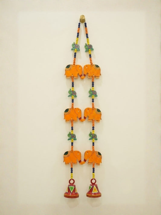 Handcrafted elephant-themed wooden door hanging measuring approximately 45 inches in length, featuring decorative wooden elements, colourful beads, and handcrafted detailing for home décor.