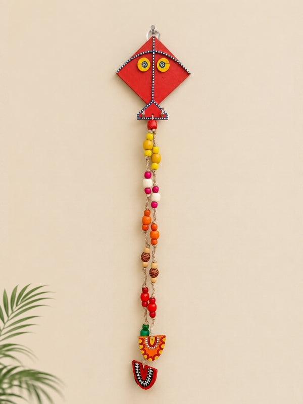 Handcrafted kite-shaped wooden key holder measuring approximately 22 inches in length, featuring wooden beads, macramé cord, and multiple hooks for organising keys.