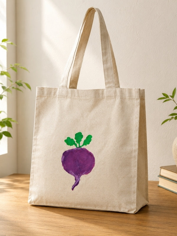  Hand-painted cotton canvas tote bag measuring approximately 14 inches wide and 13.5 inches high with a 4-inch side and bottom gusset, featuring a beetroot design, six inner pockets, and shoulder handles.