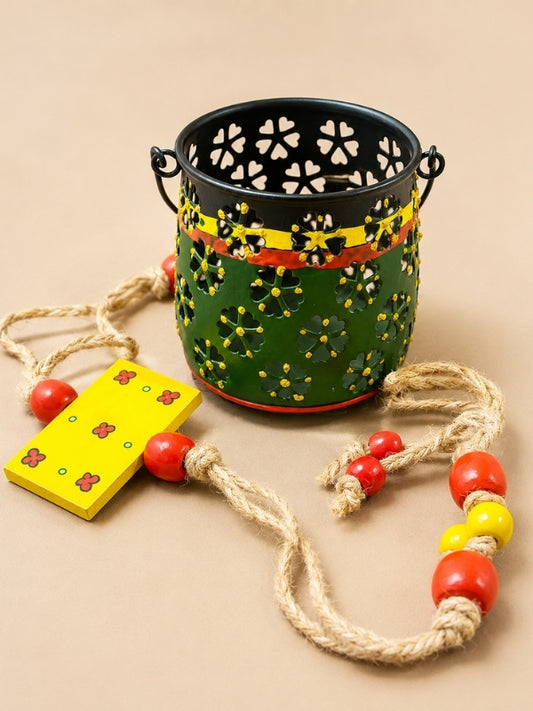 Handcrafted metal tealight candle holder with a decorative lantern, thick macramé hanging cord, colourful wooden beads, measuring approximately 28 inches in length.