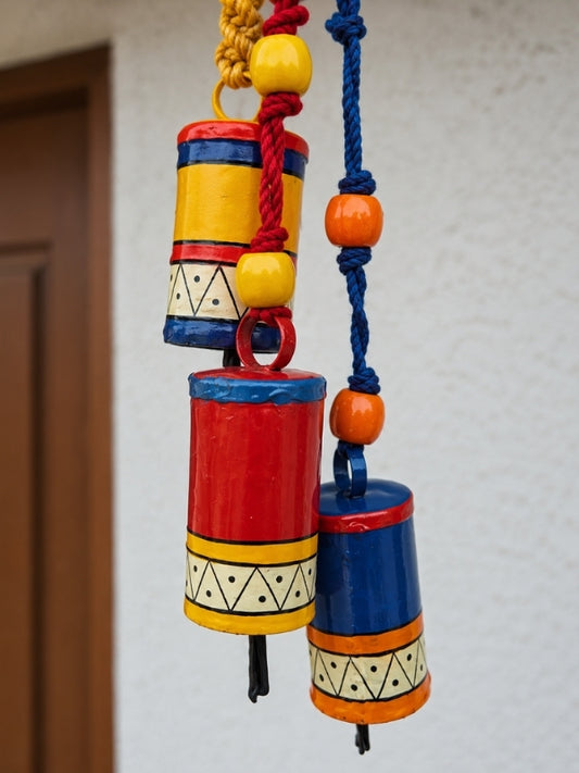 Close-up of the decorative metal bells, handcrafted macramé knots, wooden beads, and handcrafted finish.
