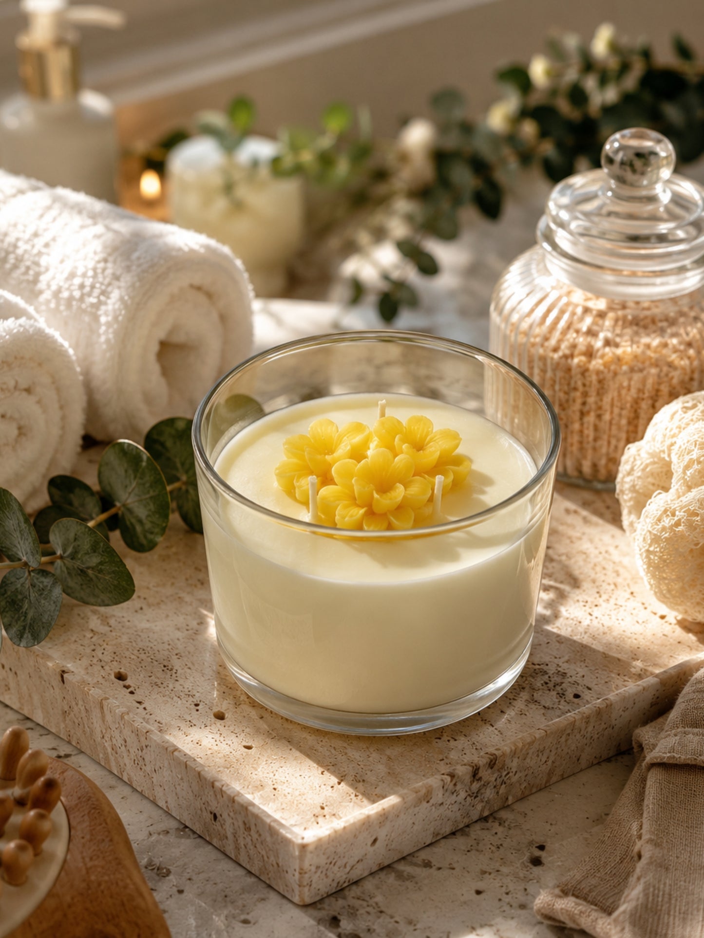 Close-up of Hand-poured orange scented soy wax candle showing the decorative wax flowers, smooth wax finish, and clear glass jar.