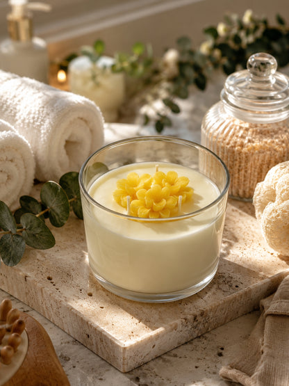 Close-up of Hand-poured orange scented soy wax candle showing the decorative wax flowers, smooth wax finish, and clear glass jar.