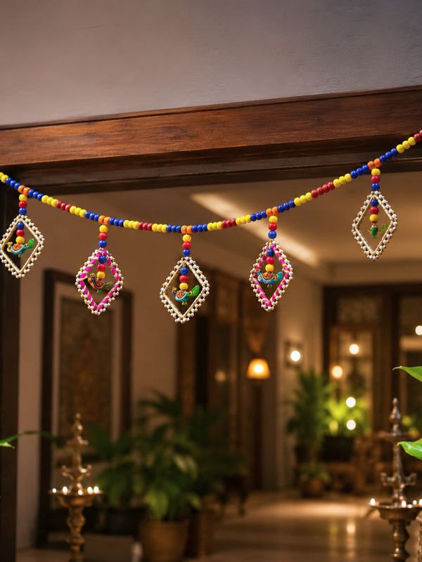 Handcrafted wooden Bandarwal door hanging measuring approximately 45 inches in width, featuring decorative wooden elements, colourful beads, and traditional handcrafted accents for home entrances.