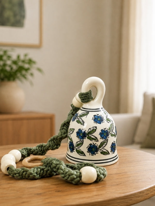 Handcrafted ceramic bell hanging measuring approximately 24 inches in length, featuring a large hand-painted ceramic bell, cotton macramé cord, and wooden bead detailing for home décor.