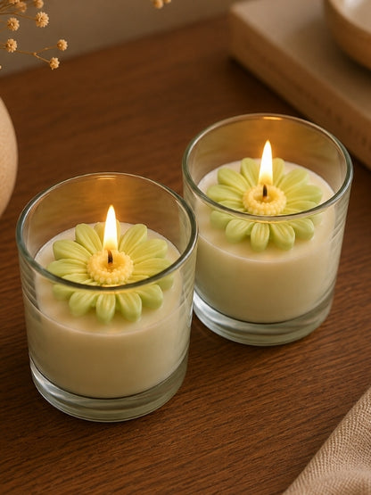 Handcrafted yellow soy wax candle decorated with naturally dried flowers, designed for home décor and gifting.