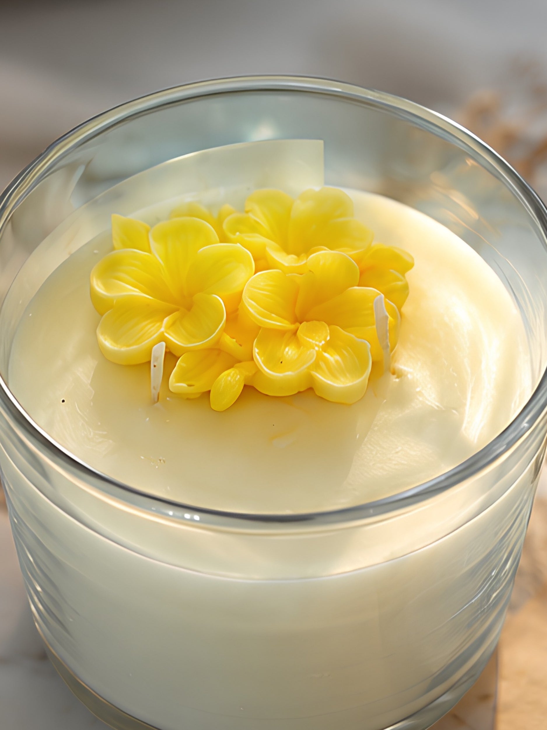Hand-poured yellow color scented soy wax candle in a clear glass jar with a metal lid, measuring approximately 4 inches in diameter and 3 inches in height, featuring decorative wax flowers on the surface.
