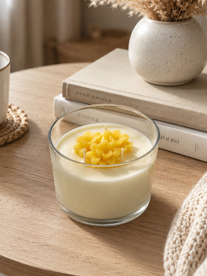 Premium orange Hand-poured scented soy wax candle placed on a tabletop, creating a warm and inviting ambience for home décor or gifting.