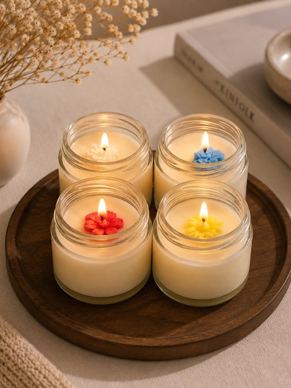 Set of four handcrafted soy wax candles displayed as a decorative centrepiece on a coffee table, creating a warm and inviting ambience.
